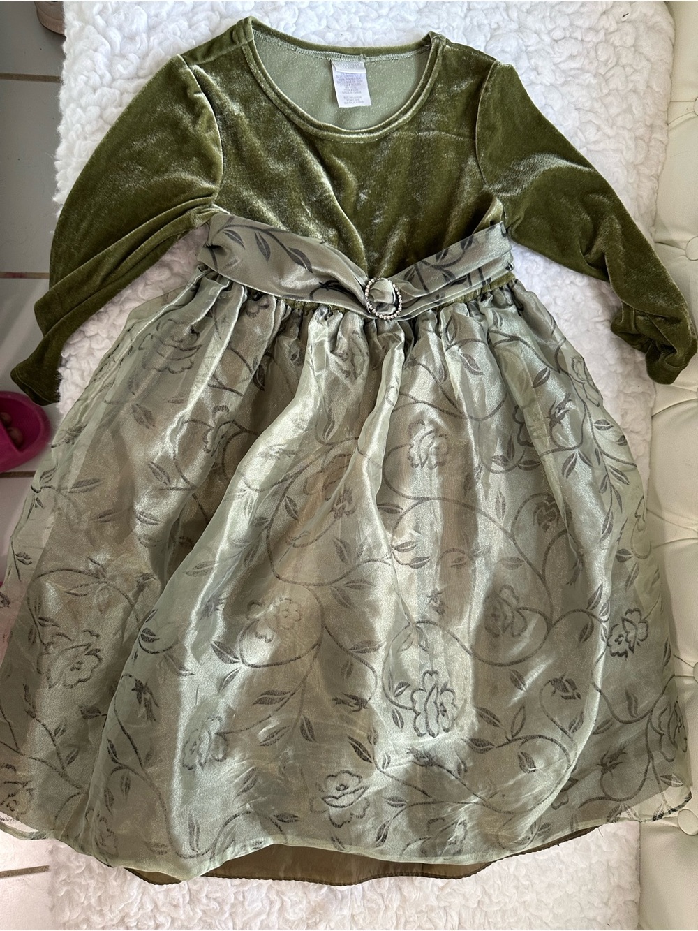 Girls' Olive Green Velvet Bodice Floral Overlay Party Dress